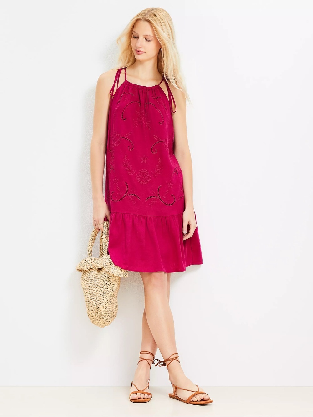 NWT LOFT ‘Eyelet Linen Blend Mini Halter Dress’ in Berry Pink Size Small